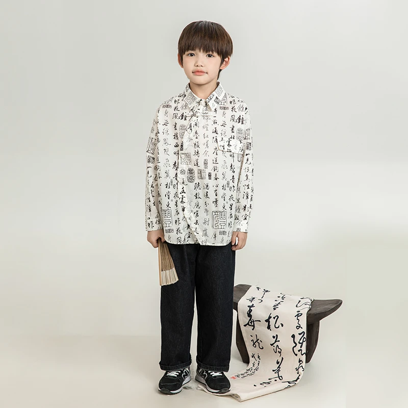 【春一波】oddtails男童书法风衬衫长袖春装纯棉水墨字衬衣QG2601