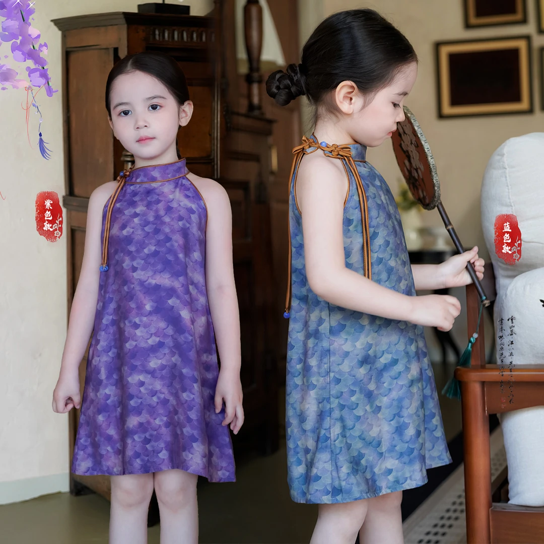 AnnieGirl夏季新款女童新中式挂脖连衣裙2025轻薄气质旗袍夏款