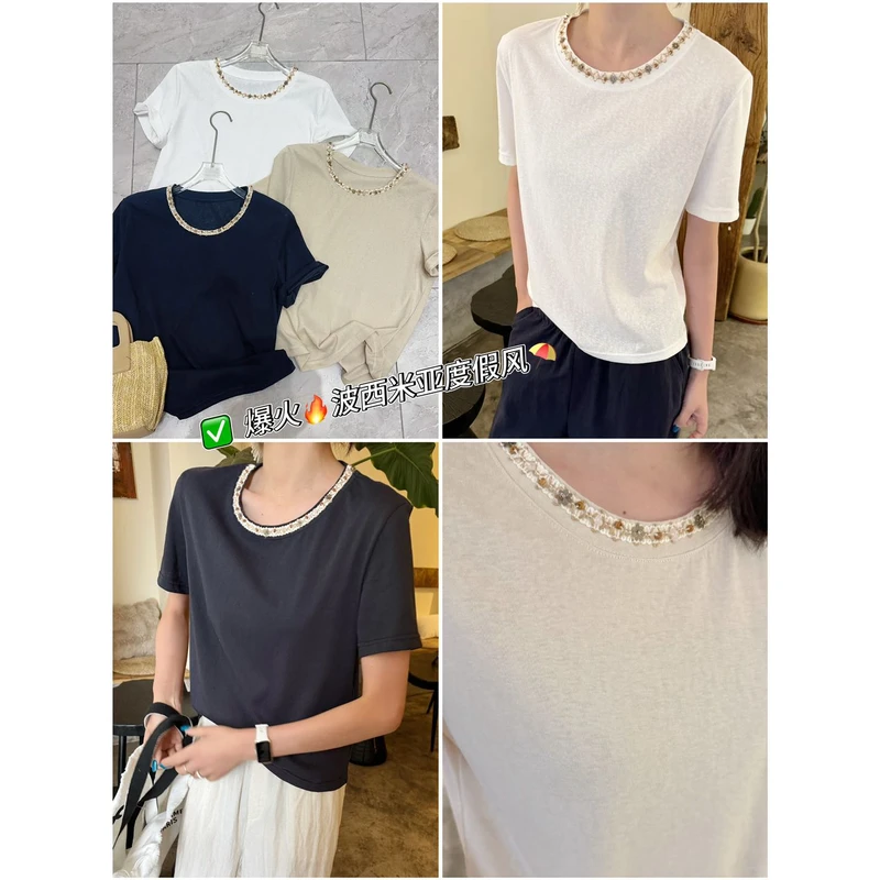 020【夏季新款】波西米亚独家风钉珠圆领短袖（8750）