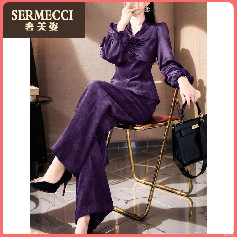 千金风时尚2025早春新款高级感轻熟减龄上衣阔腿裤两件套装女