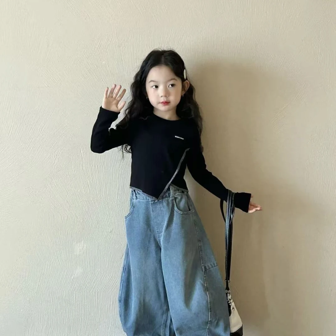 女童长袖套装2025秋季新款韩版洋气不规则上衣+阔腿牛仔裤