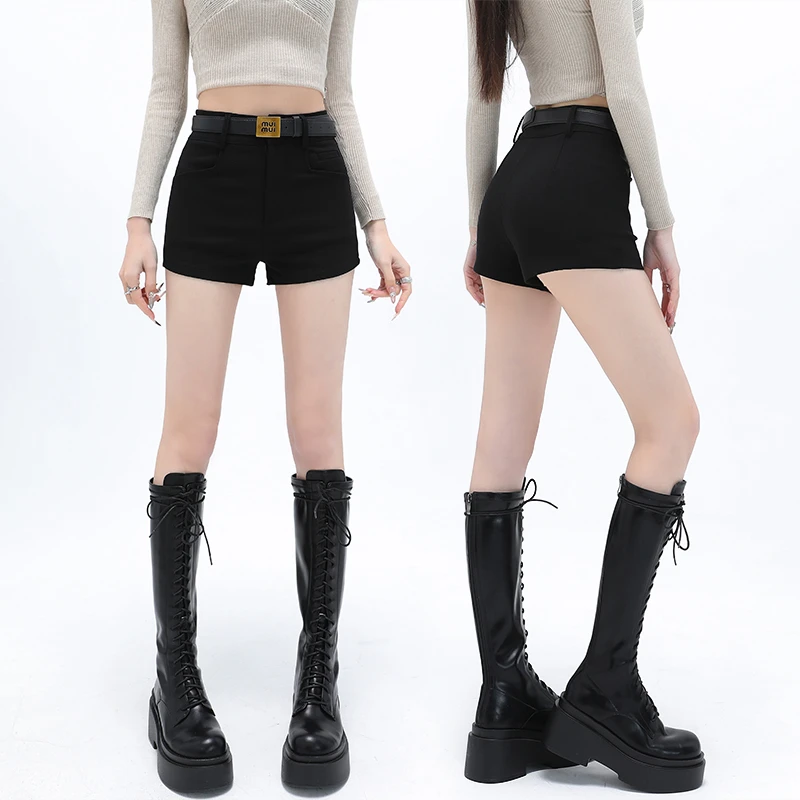 美式辣妹风复古高腰短裤女春季修身紧身百搭显瘦黑色热裤靴裤外穿