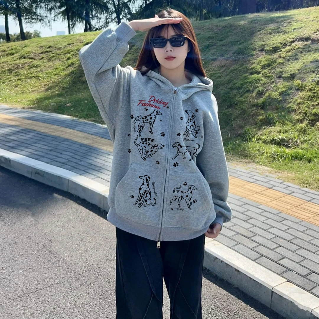 美式个性手绘小狗字母印花拉链开衫外套男女秋冬季休闲连帽卫衣