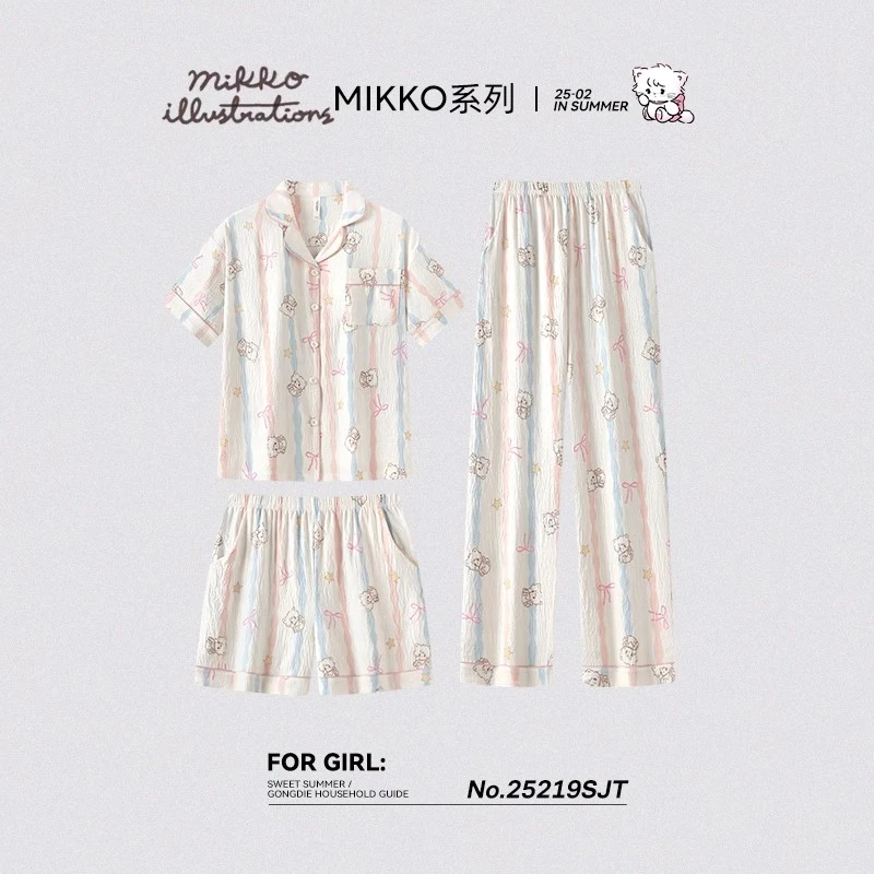 宫蝶【凉感型】mikko联名睡衣女春夏季短袖长裤三件套卡通家居服