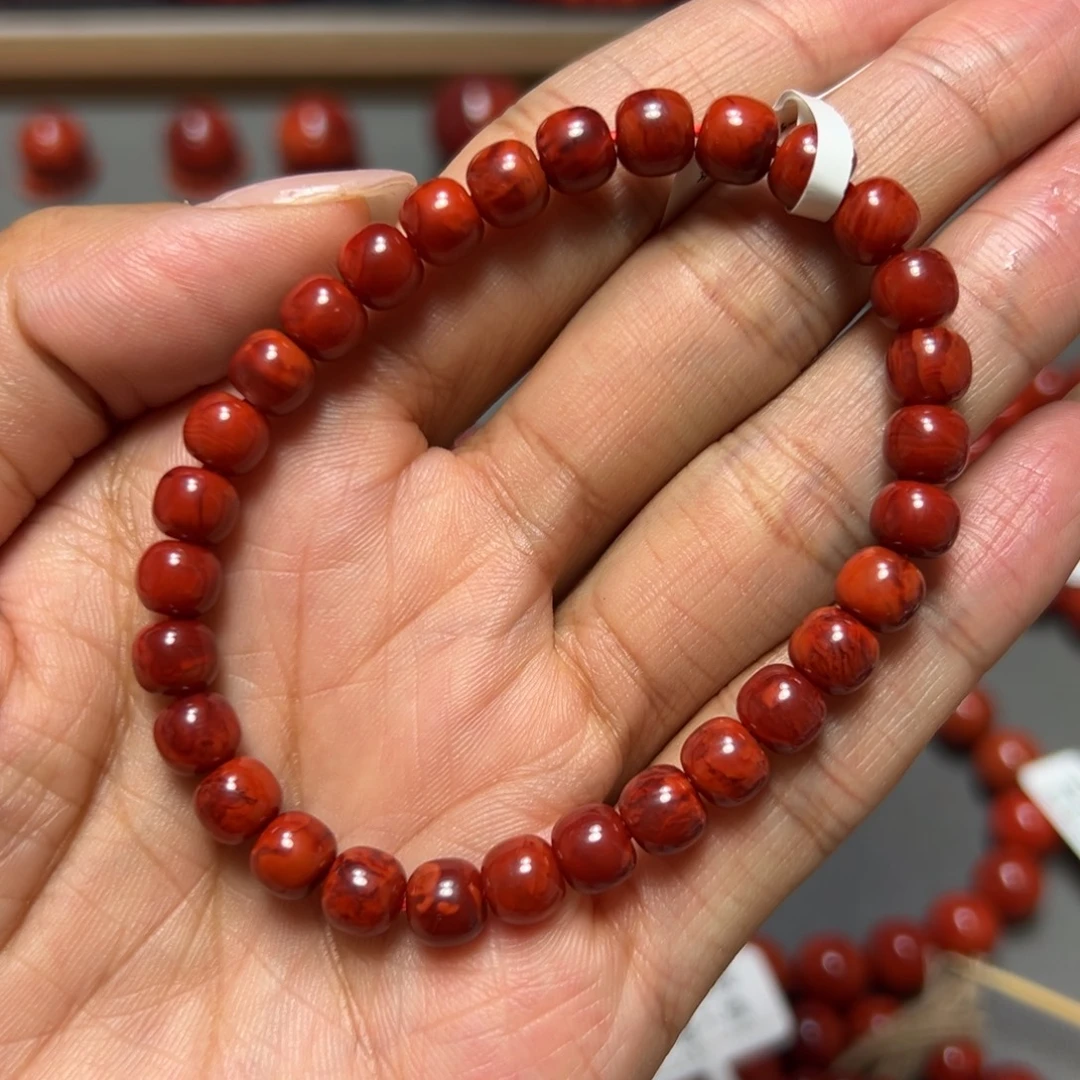 南红玛瑙未镶嵌手串 玫瑰红妖火焰 约6.8mm