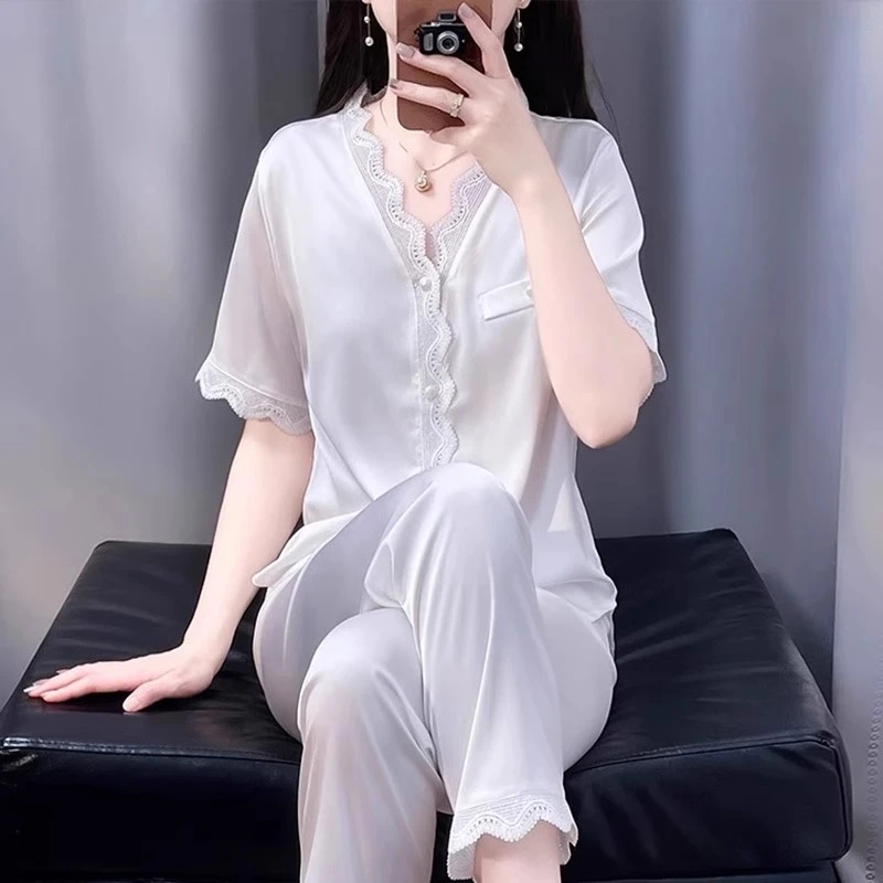 2025新款水光绸睡衣女夏短袖长裤白色V领蕾丝家居服套装薄款