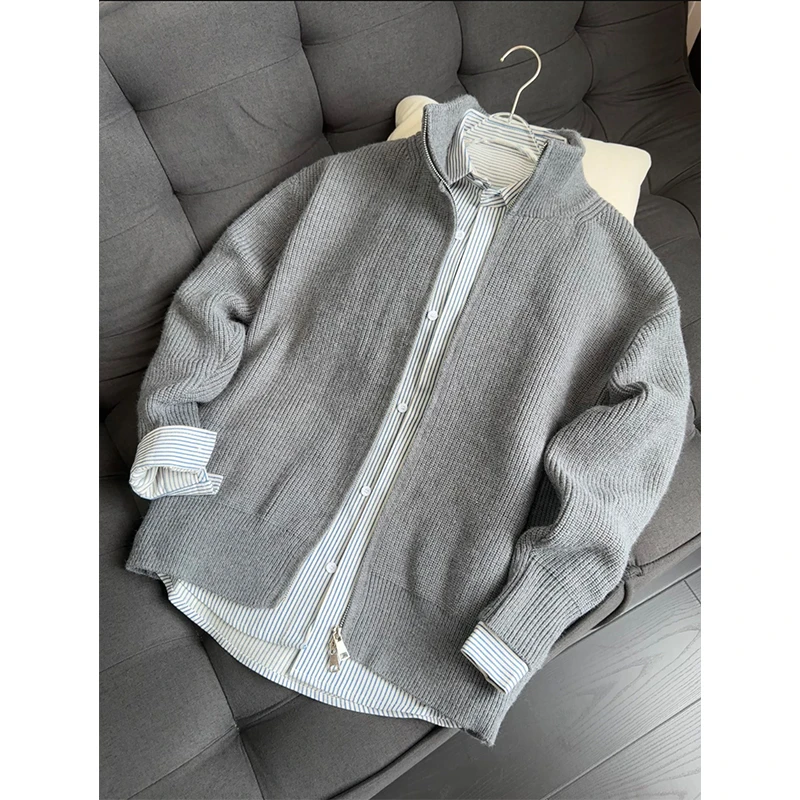美式立领拉链开衫毛衣男秋季设计感纯色外套慵懒风复古针织衫