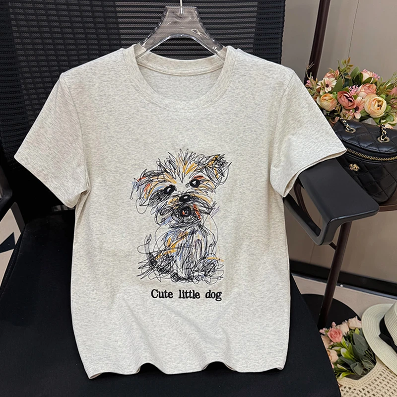 小狗刺绣短袖t恤女夏季2025新款韩版设计感小众时尚体恤洋气上衣