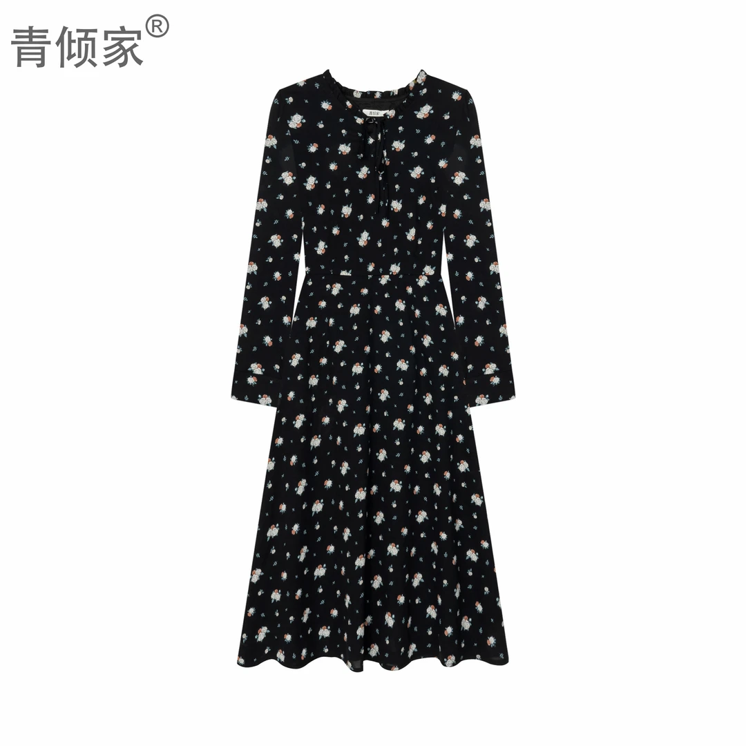 青倾家【花雾语】新款春款黑色碎花中长款连衣裙小清新珍珠纱长裙