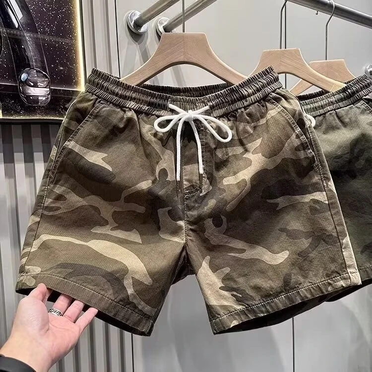 松紧腰抽绳迷彩工装四分短裤男宽松直筒夏季薄款男士五分牛仔短裤