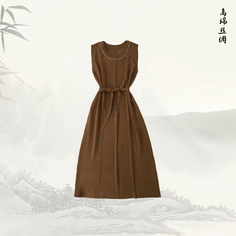 品牌新款桑蚕丝圆领无袖高端显瘦连衣裙529122