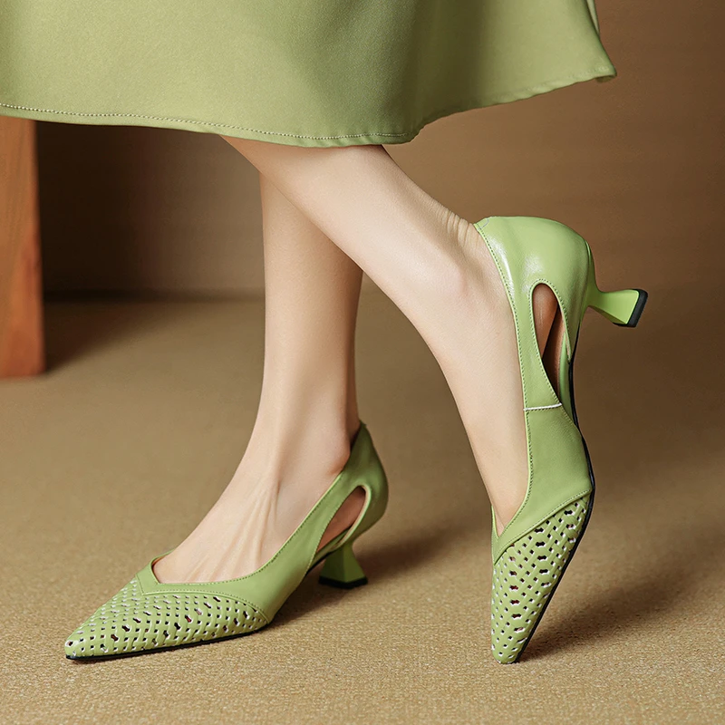 5cm法式复古镂空浅口单鞋女2025夏新款细跟高跟鞋时尚编织洞洞鞋