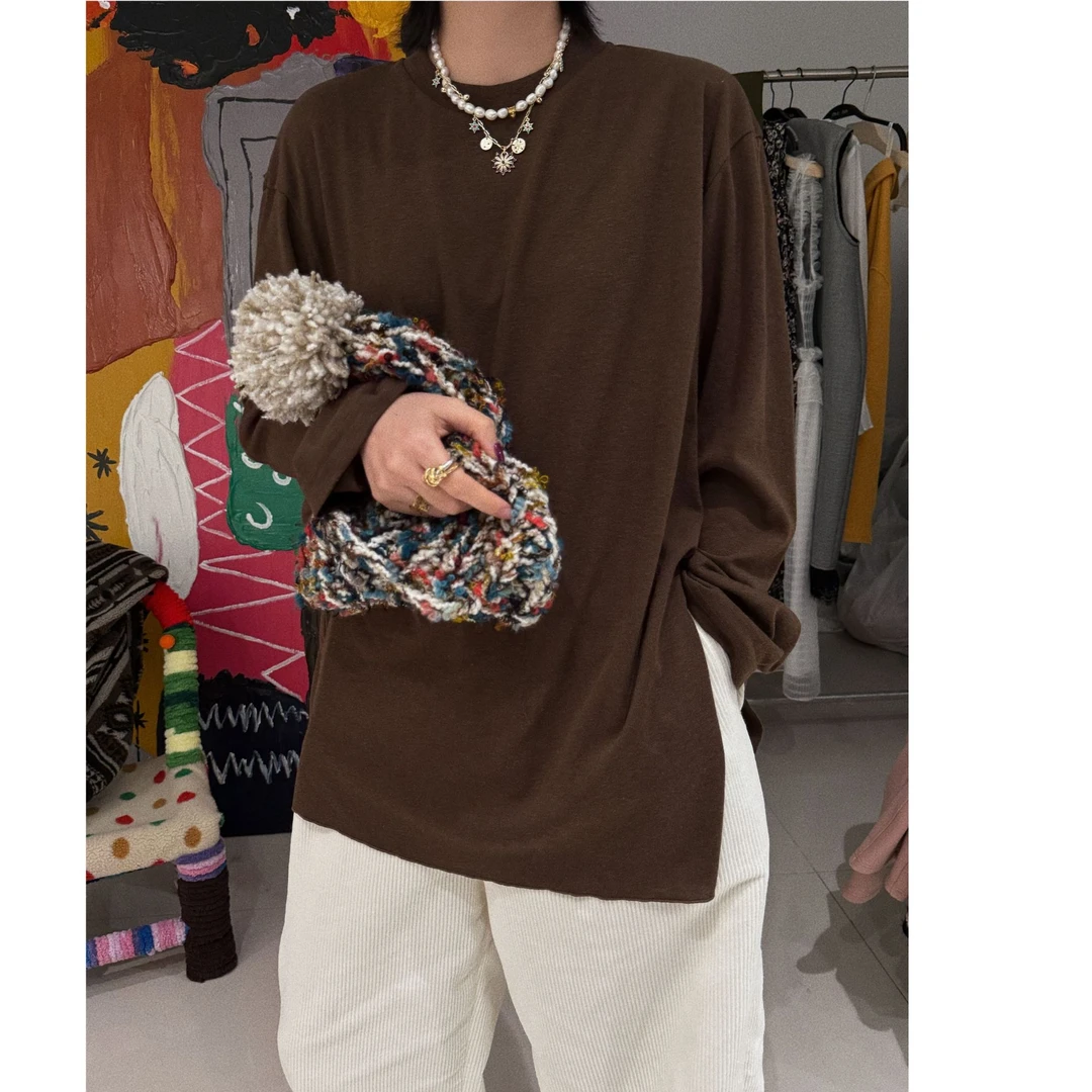 【侧开衩T恤】羊绒醋酸高品磨毛侧开衩T恤 J24T448