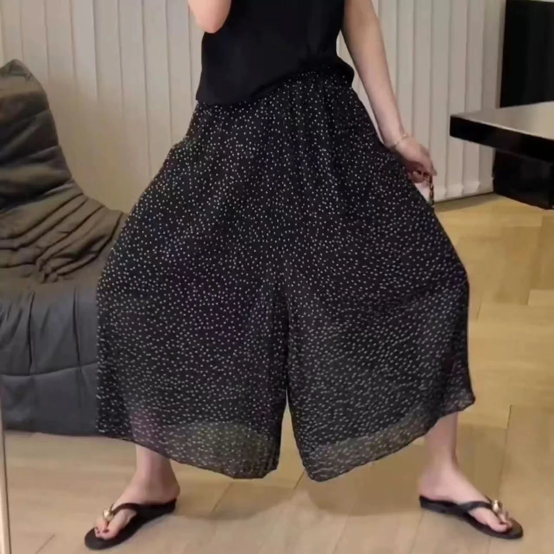 显瘦时尚气质波点黑色宽松雪纺裤裙松紧腰高腰