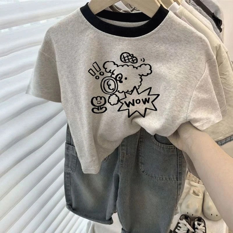 新款男童纯棉儿童百搭夏季短袖卡通T恤拼色韩系上衣圆领宝宝打底t