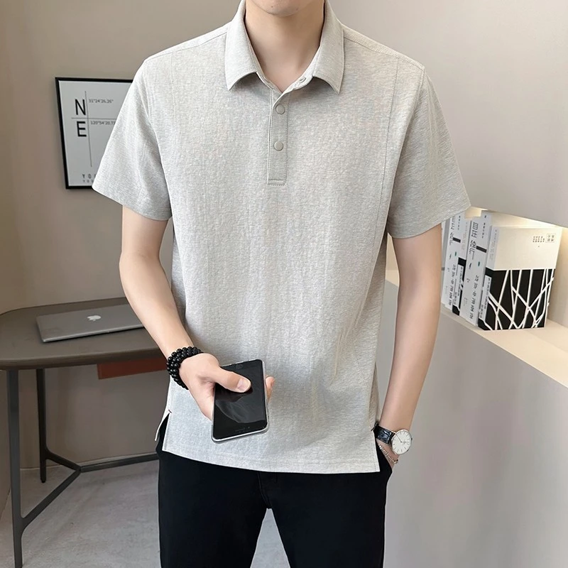 班奈悦高端开叉下摆亚麻短袖POLO衫男士夏季棉麻翻领T恤男上衣