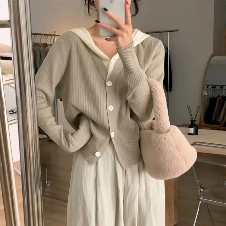 韩系甜美拼接假两件针织开衫女秋冬小众简约百搭显瘦连帽毛衣外套