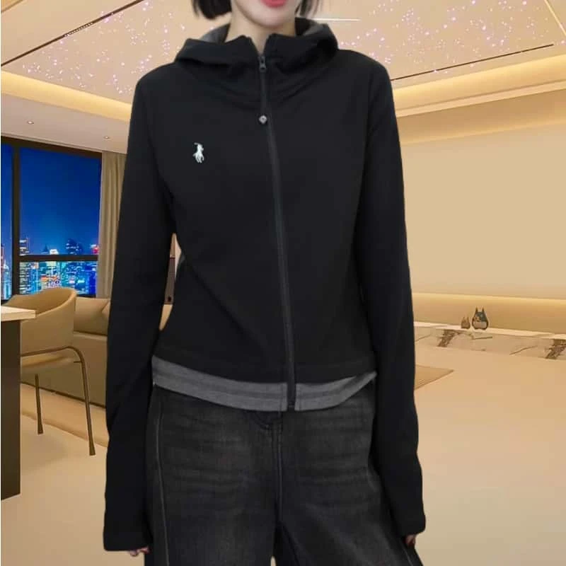 宽松气质刺绣长袖连帽卫衣女士2024秋季休闲百搭拉链拼色大码上衣