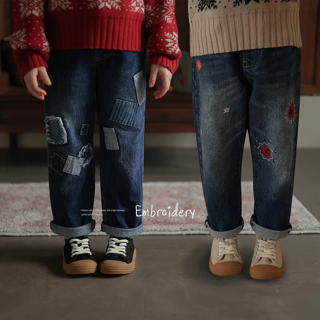允儿妈女童重工赤耳刺绣贴布日系牛仔裤宝宝春秋直筒裤儿童休闲裤