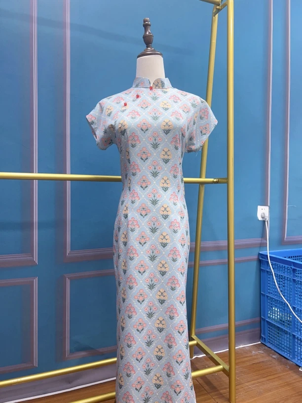 V-2911 春满园 弹力十字嘛 中式国风夏款年轻款改良旗袍125cm长款