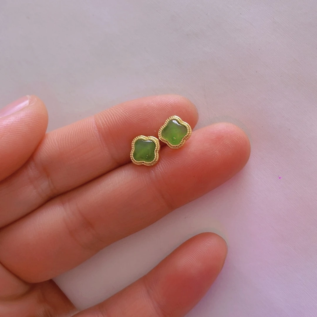 和田玉耳饰银S925镀金镶嵌