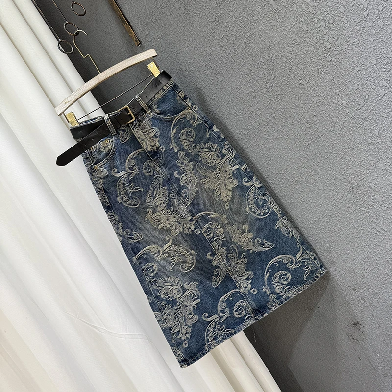春秋季气质复古重工提花中长款牛仔半身裙女开叉a字直筒包臀裙