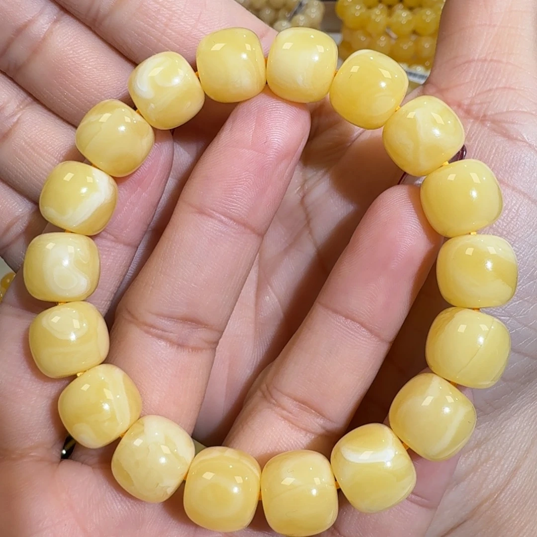 琥珀未镶嵌珠宝奇石12m焦皮同料老型花蜡手串19.3