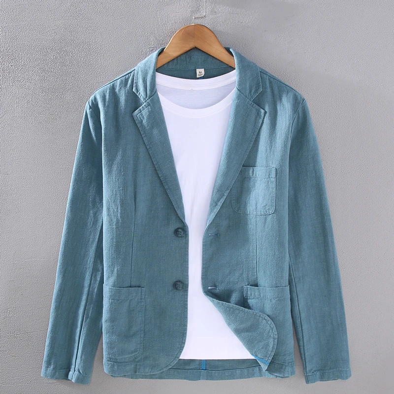 埃卢涅芬春秋男士亚麻商务休闲西服夹克潮流百搭西装便服棉麻布料