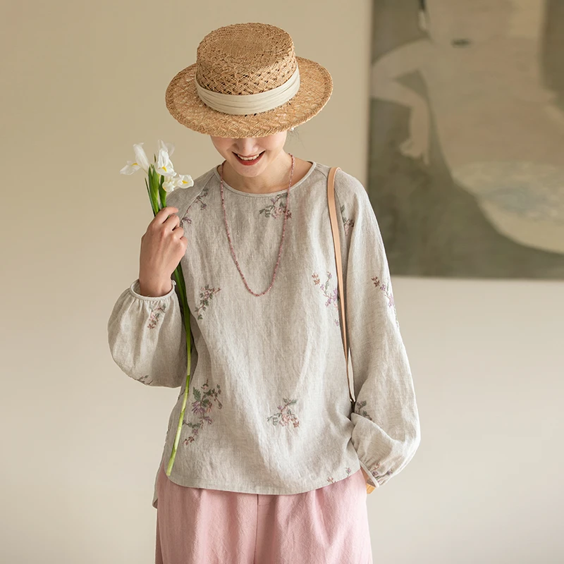 牧衣游原创「欧若风」新中式匹绣进口欧洲亚麻套头衫细腻上衣 芳林