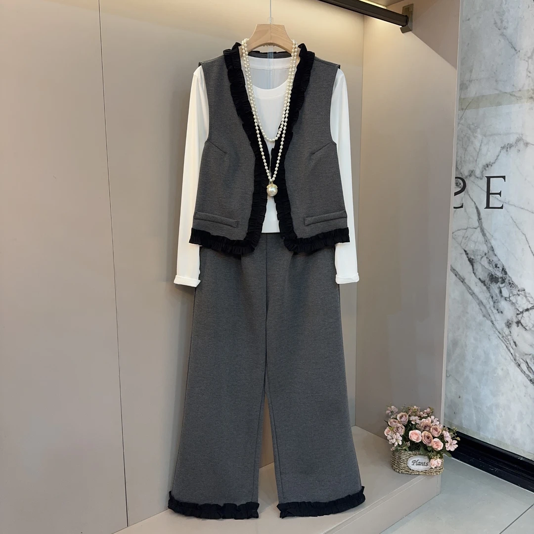 2025春季新款时尚花边拼接设计女高级感气质小香风马甲阔腿裤套装