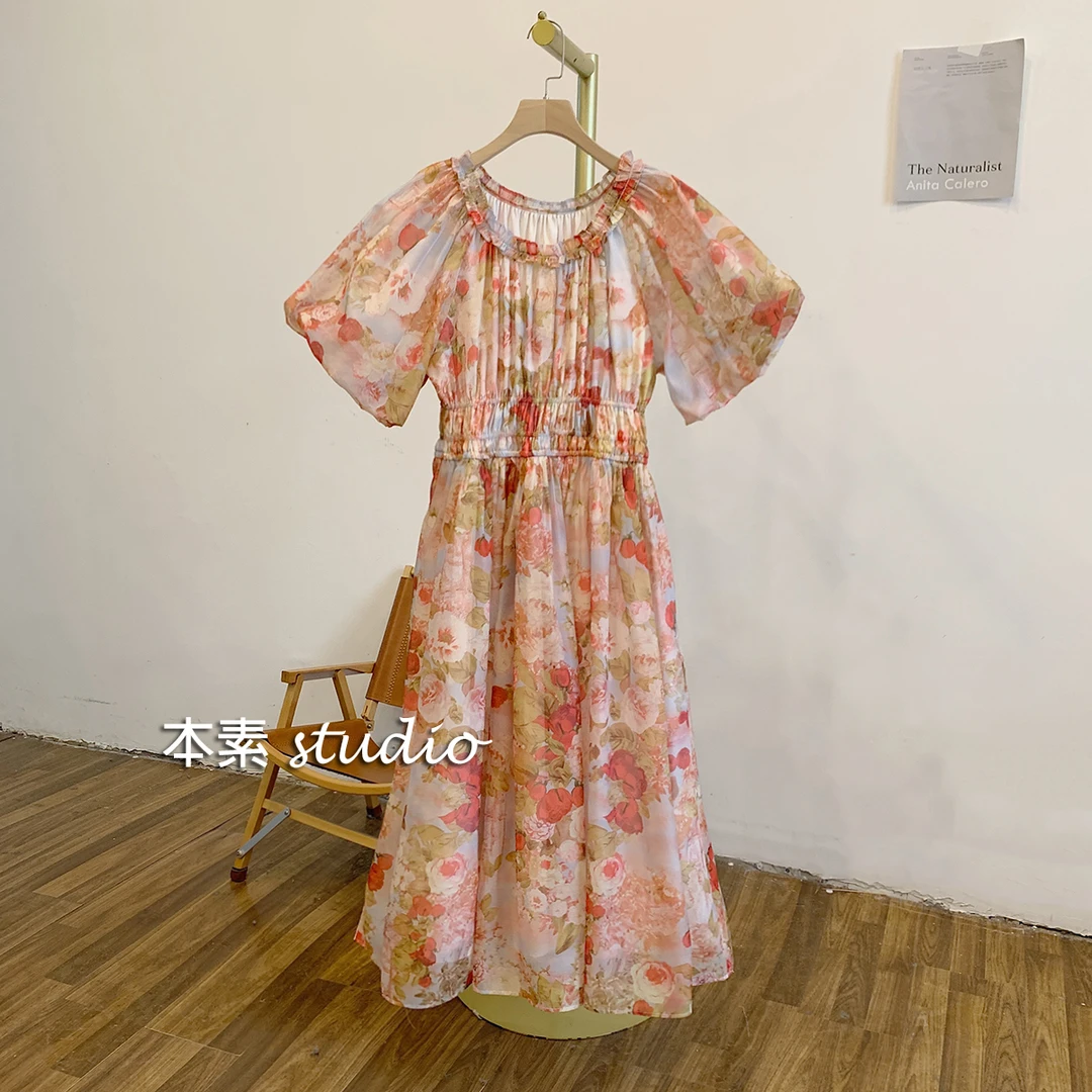 C3797花边圆领腰部松紧泡泡袖连衣裙时尚休闲夏季