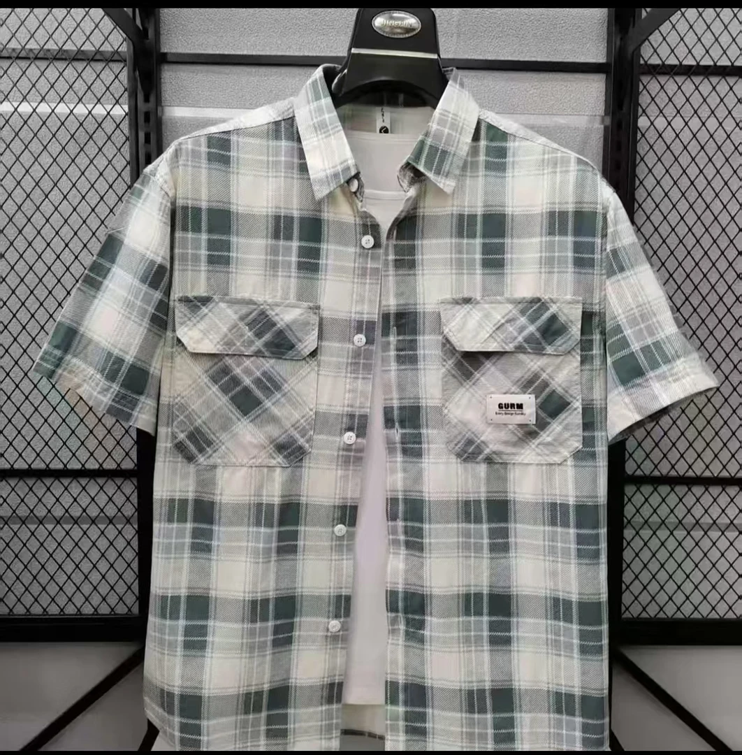 夏季不起球薄款中袖格子水洗衬衫休闲衬衣套装上衣宽松修身时尚