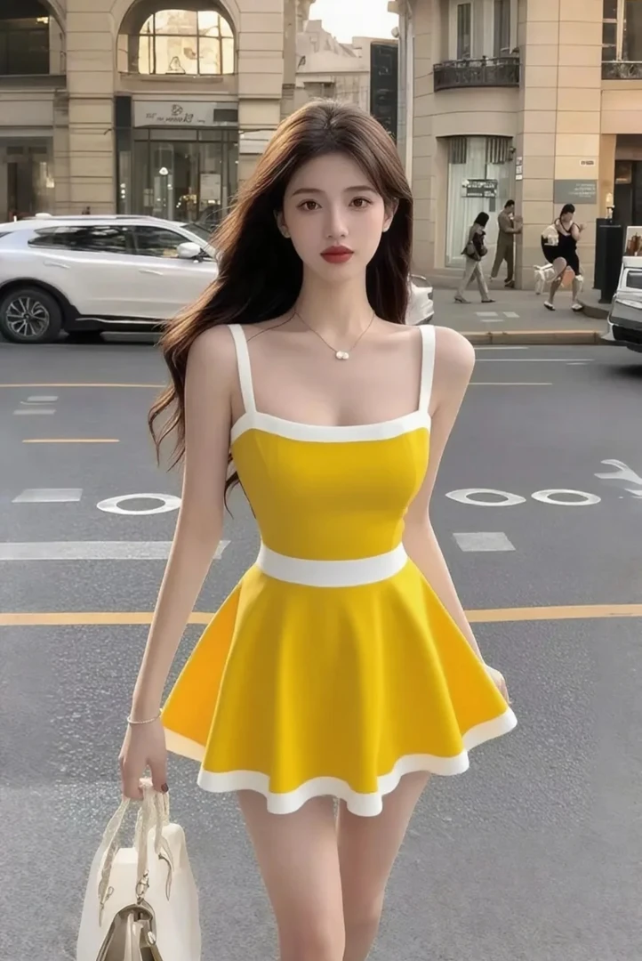 柠檬黄性感气质辣妹时尚小众设计感修身显瘦连衣裙小清新夏季甜美