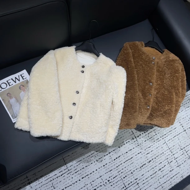 KW【焦糖可颂】南油新款圆领气质百搭宽松显瘦加厚保暖毛外套