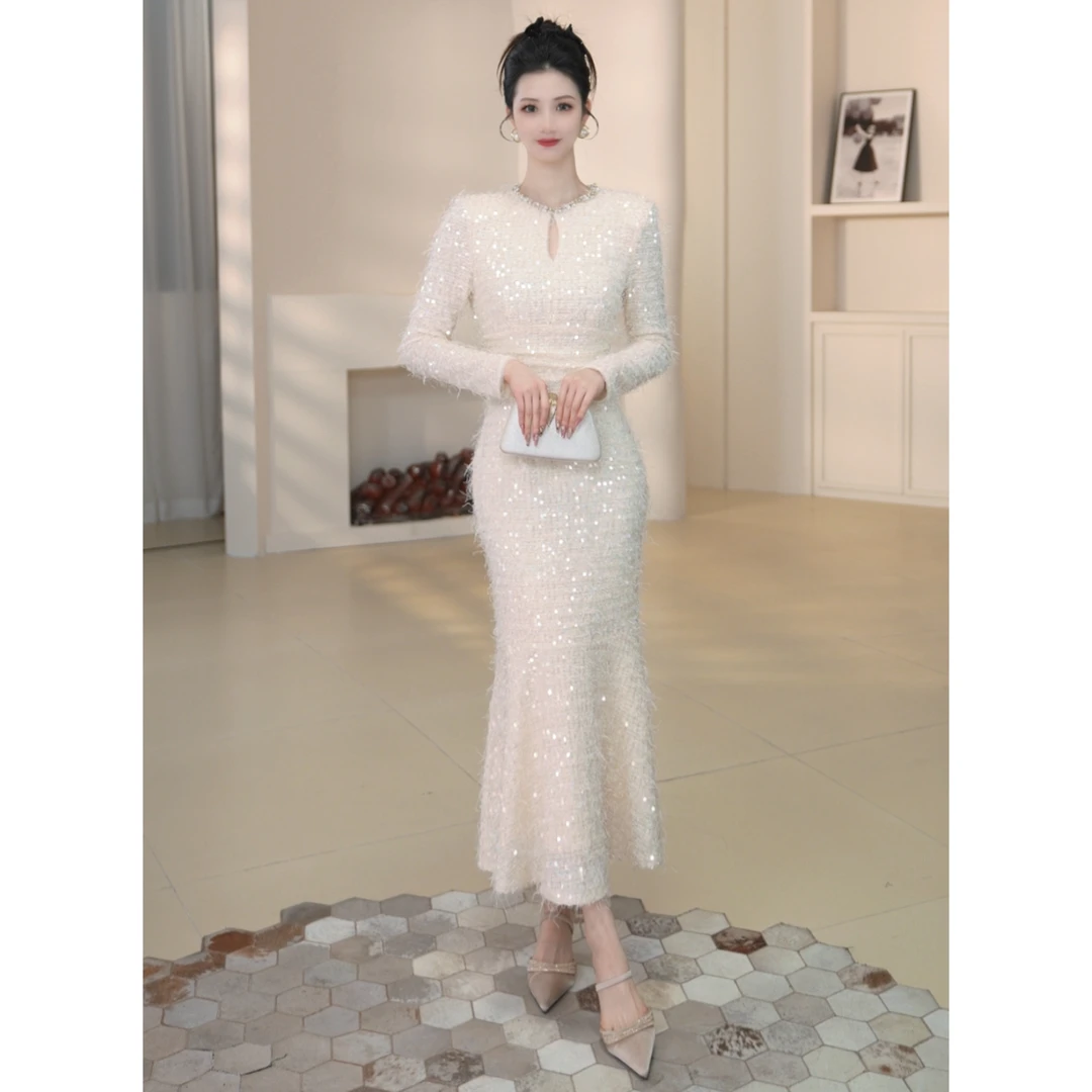 沐子的轻奢私藏【Mu/zi61363】秋冬法式气质亮片白色长款宴会连衣裙