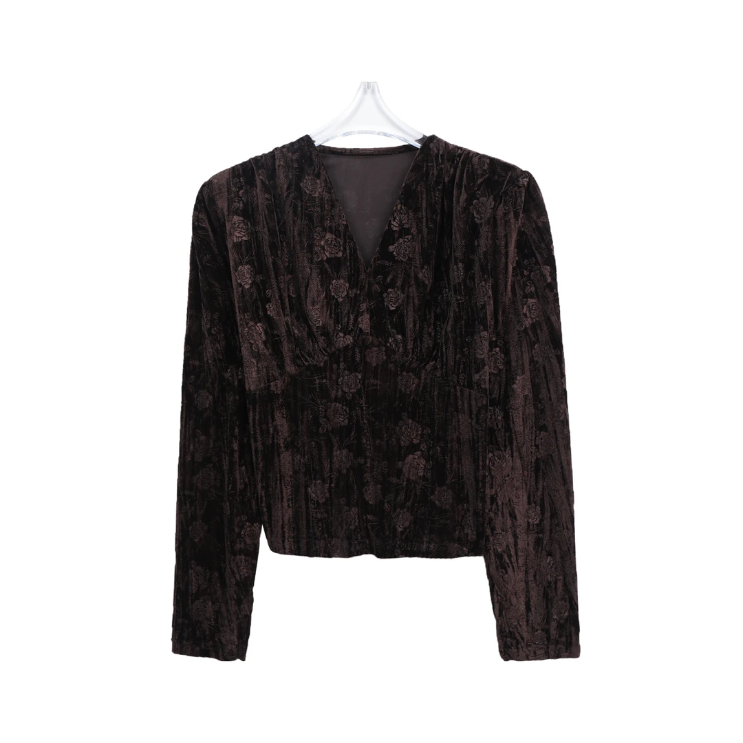 轻奢复古暗纹玫瑰印花交叉设计长袖T恤C41002