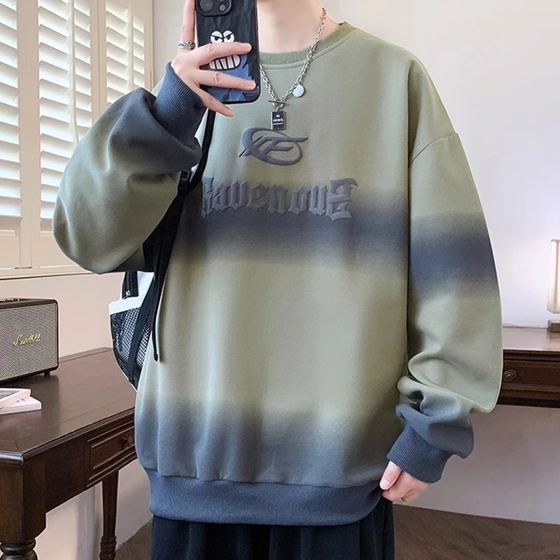 美式宽松渐变色卫衣男春秋季圆领长袖t恤青少年潮牌印花休闲上衣