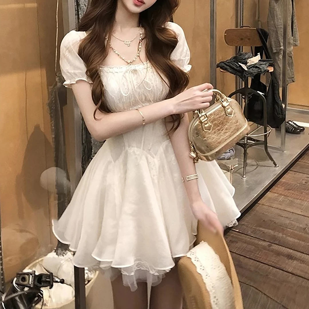 白色与纱共舞14m五层裙摆蕾丝公主裙花边抽褶显瘦千金蓬蓬连衣裙