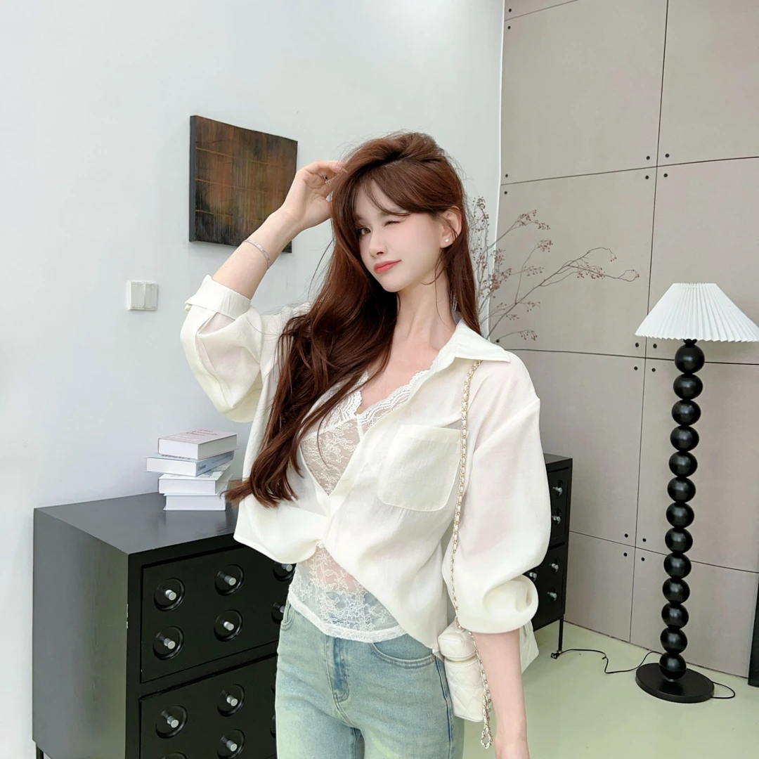 【叠穿蕾丝】法式高级感衬衫➕水绒蕾丝背心两件套#8527