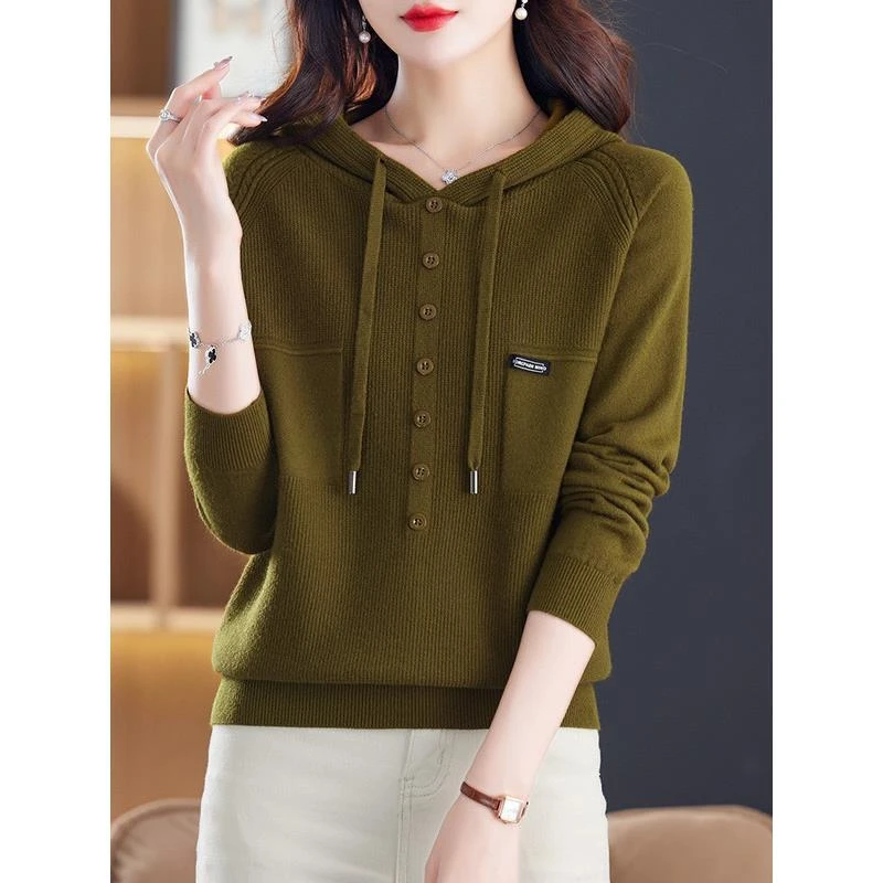 新款春秋连帽卫衣女士毛衣时尚洋气针织打底衫遮肚子上衣宽松帽衫