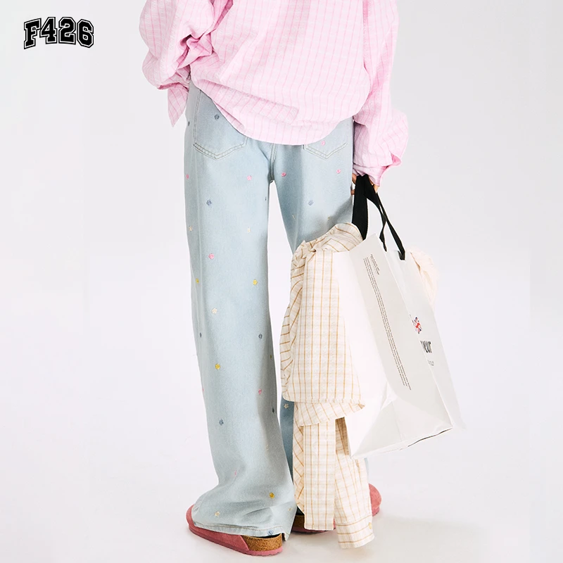 F426国潮牌秋季情侣街头复古重工刺绣牛仔裤直筒宽松休闲裤6479