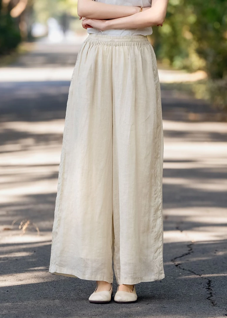 8677 夏季新款苎麻阔腿裤女松紧腰宽松显瘦百搭休闲长裤