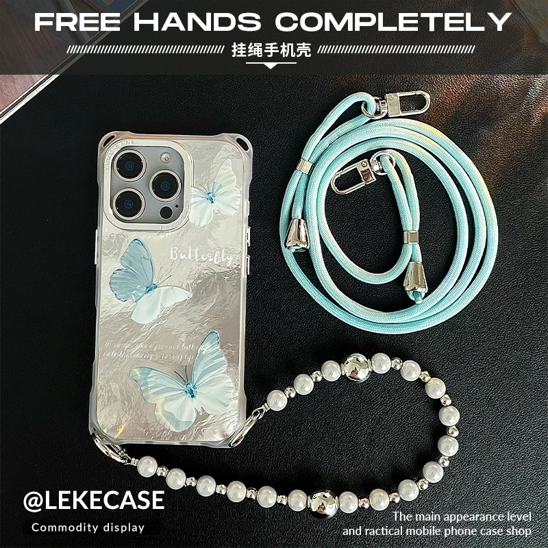 韩系蝴蝶适用苹果16手机壳挂绳斜挎可背15四角开孔13背带12链条14