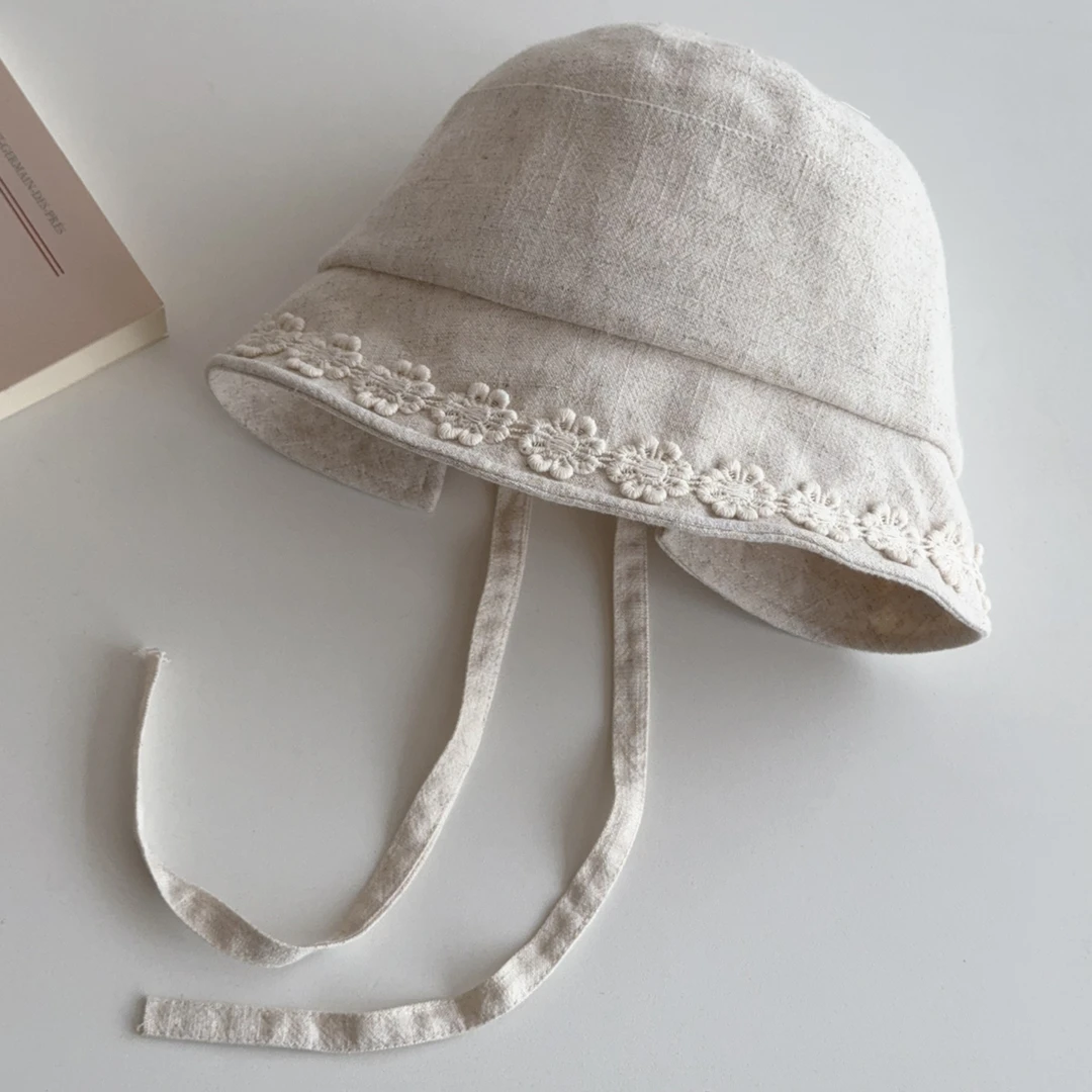 夏季棉麻渔夫帽女系带蝴蝶结透气薄款韩系文艺气质显脸小遮阳帽子