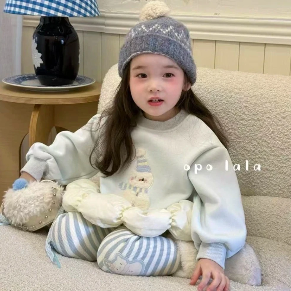 opolala  秋冬女童新季爆品款雪人卫衣条纹打底裤