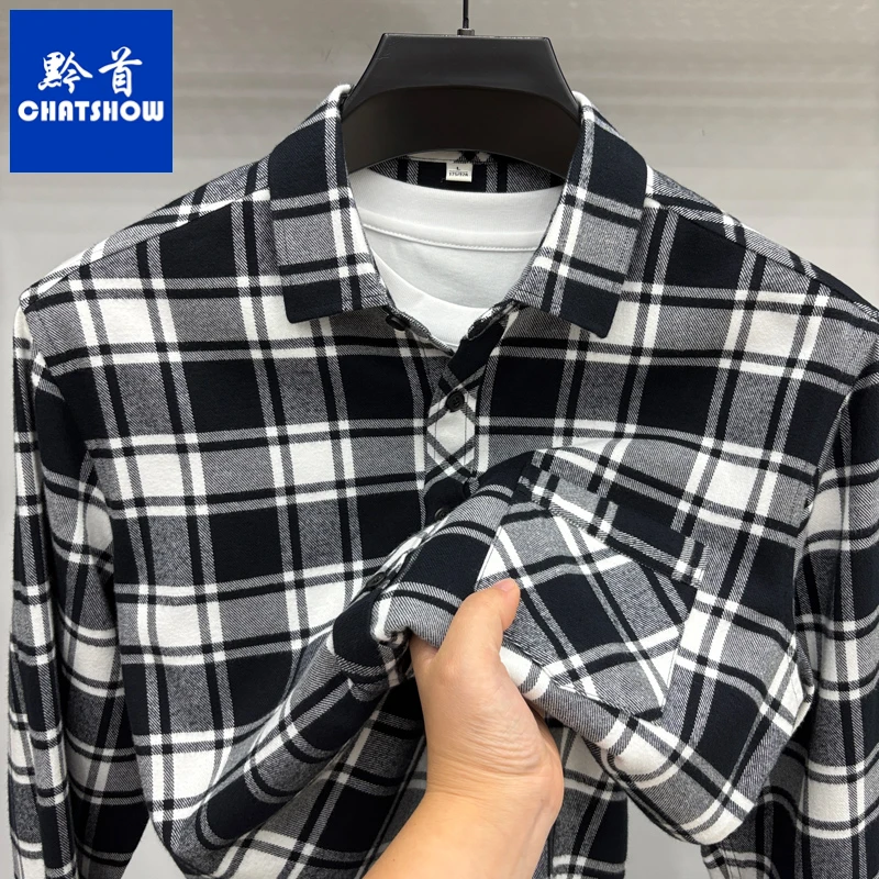 高档纯棉磨毛男士长袖格子衬衫秋季新款时尚经典休闲百搭格纹衬衣