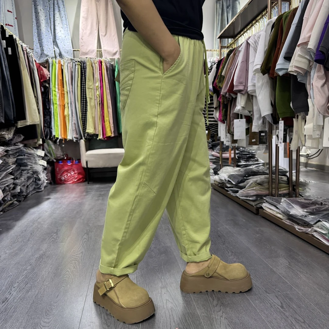 夏季水洗棉宽松高弹松紧腰老爹裤萝卜裤九分裤