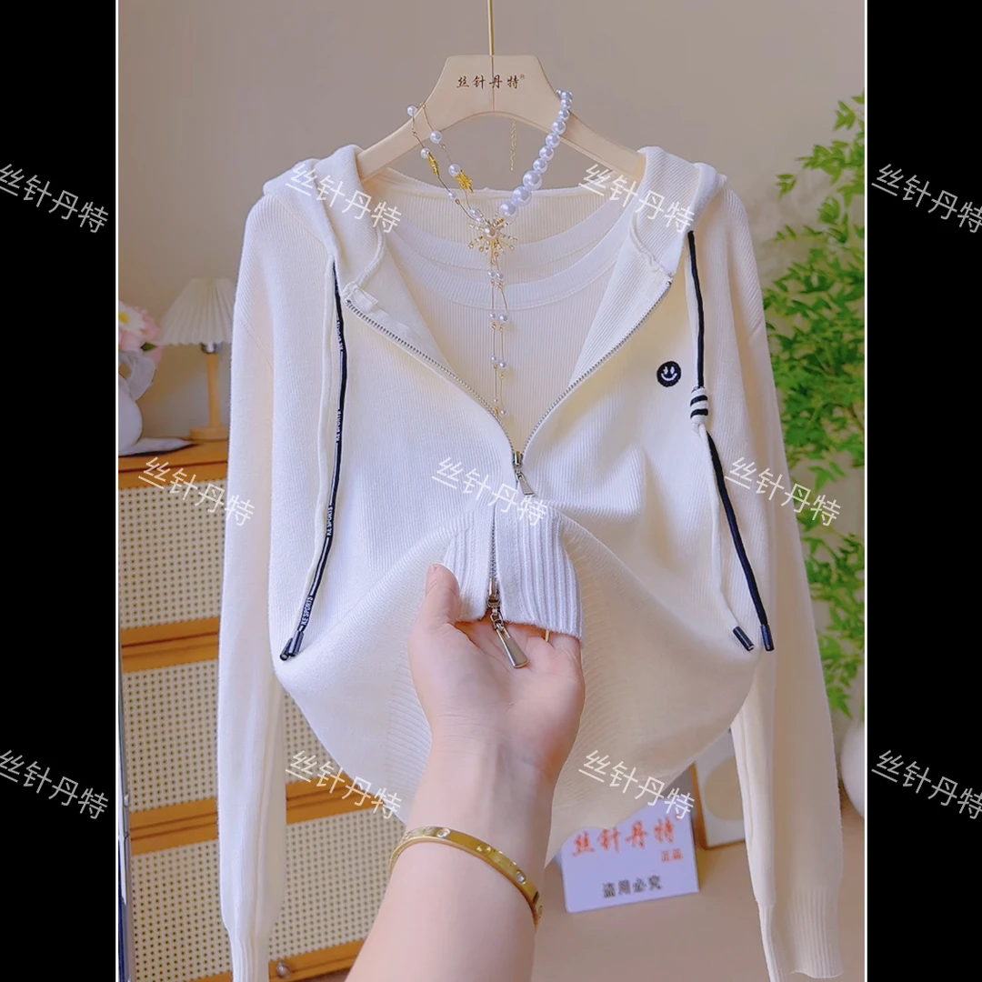 1233温柔慵懒风双拉链连帽毛衣外套女时尚短款安迪绒百搭针织开衫