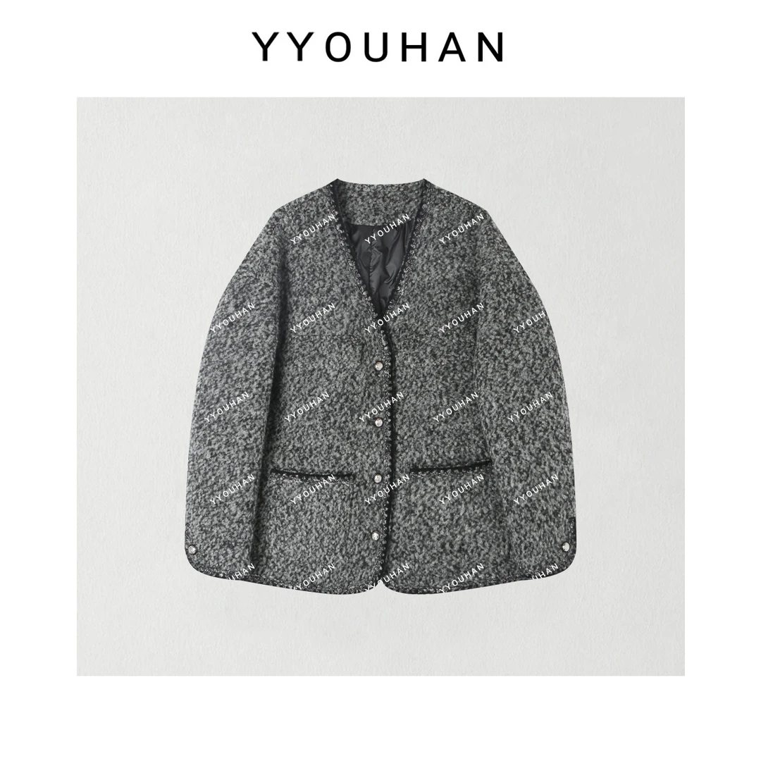 【年货定制】 小众设计花灰色小香羽绒外套 2411B5702