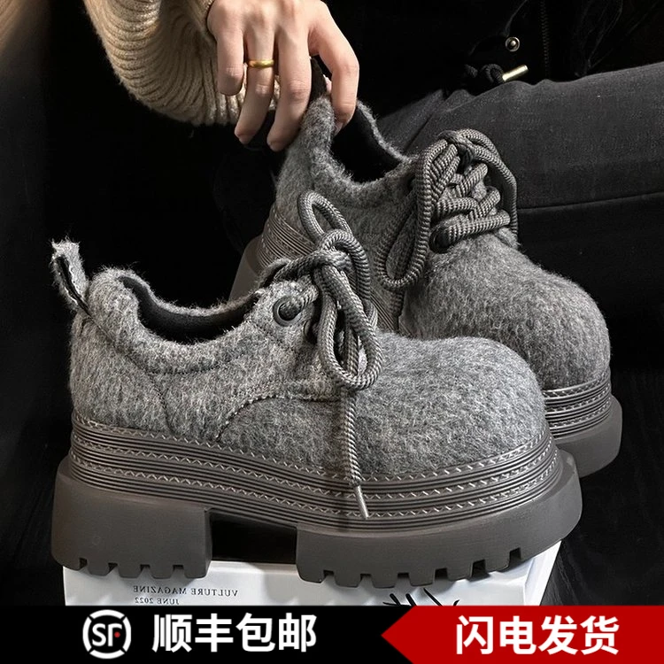 2025款金丝绒大头松糕厚底毛毛鞋百搭勃肯鞋休闲小个子增高乐福鞋